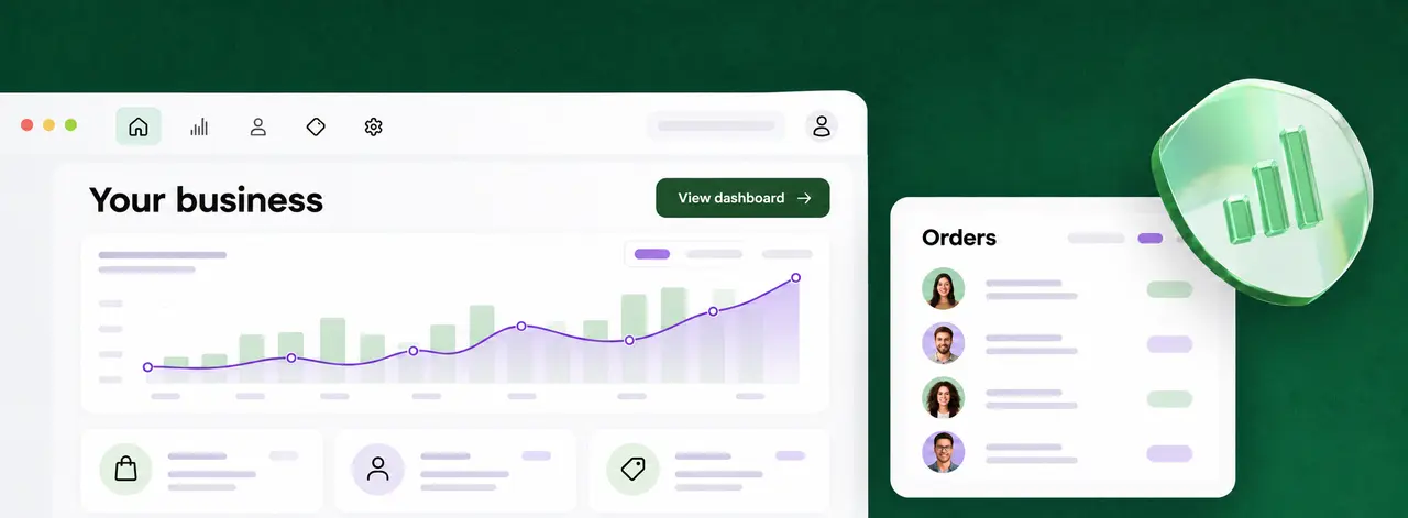 Illustration of a business dashboard with orders and charts