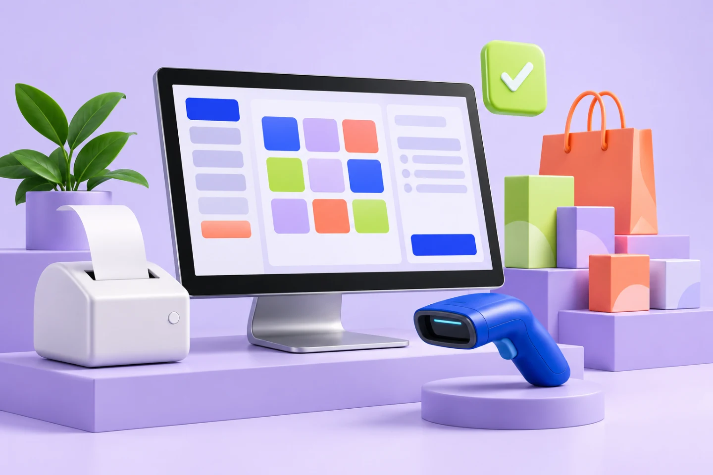 Colourful illustrative POS equipment with monitor, scanner, receipt printer and retail products
