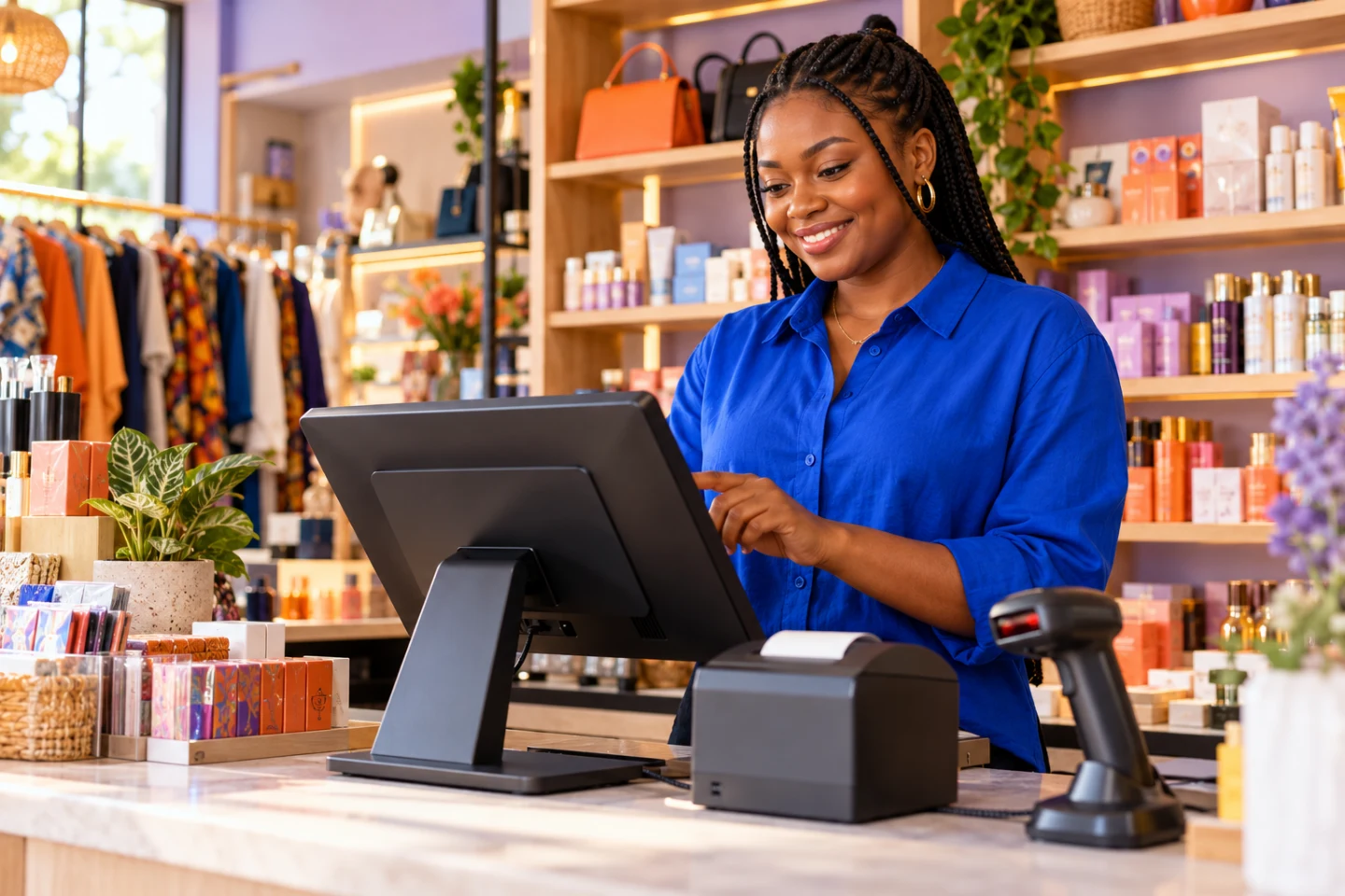 Illustrative scene of a shop owner at a retail counter with a POS monitor, barcode scanner and receipt printer