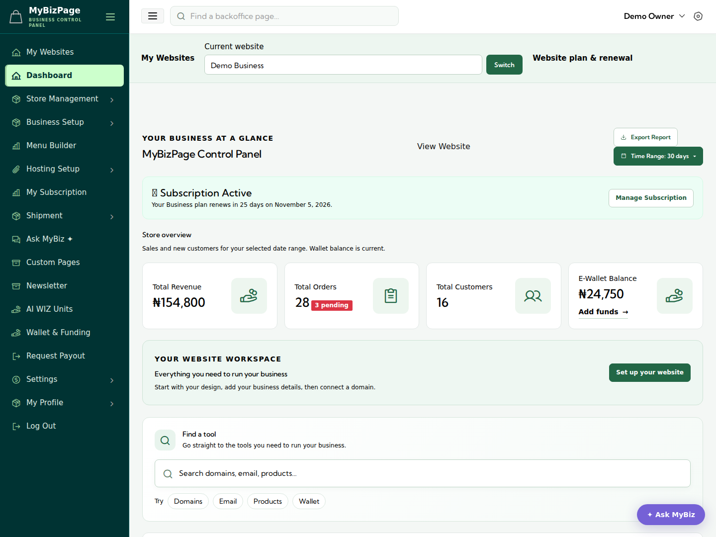 MyBizPage user dashboard showing products, orders, customers and store management tools